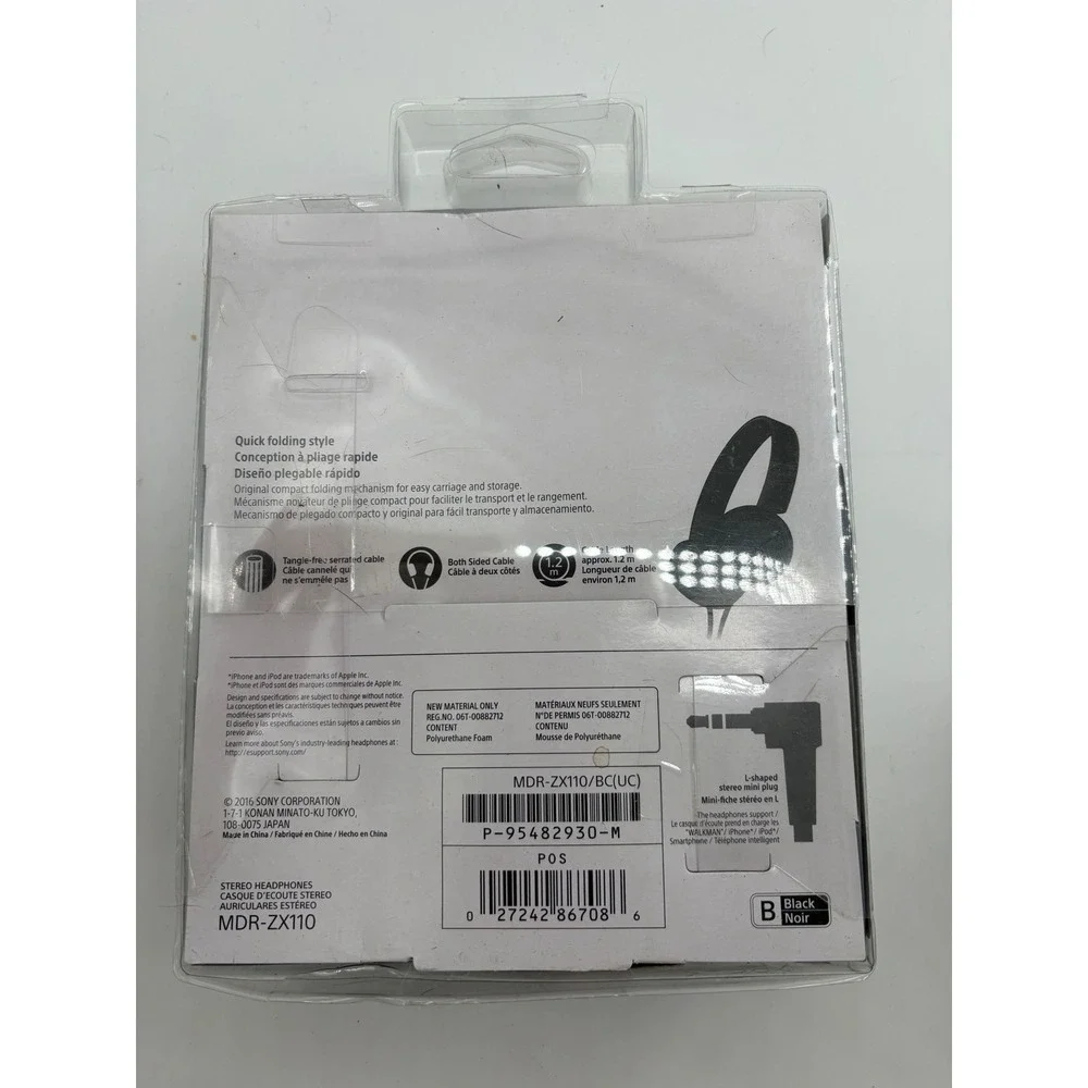 Sony MDR-ZX110 Wired Stereo Headphones Black NIB Factory Sealed Folding